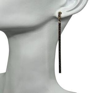 Black & Gold Linear Drop Earring - Slender Minimalist Design with Inset Crystals